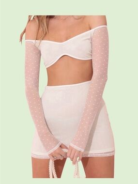 Lucy in the Sky White Polka Dot Mesh 2-Piece Set Off Shoulder Top Mini Skirt S